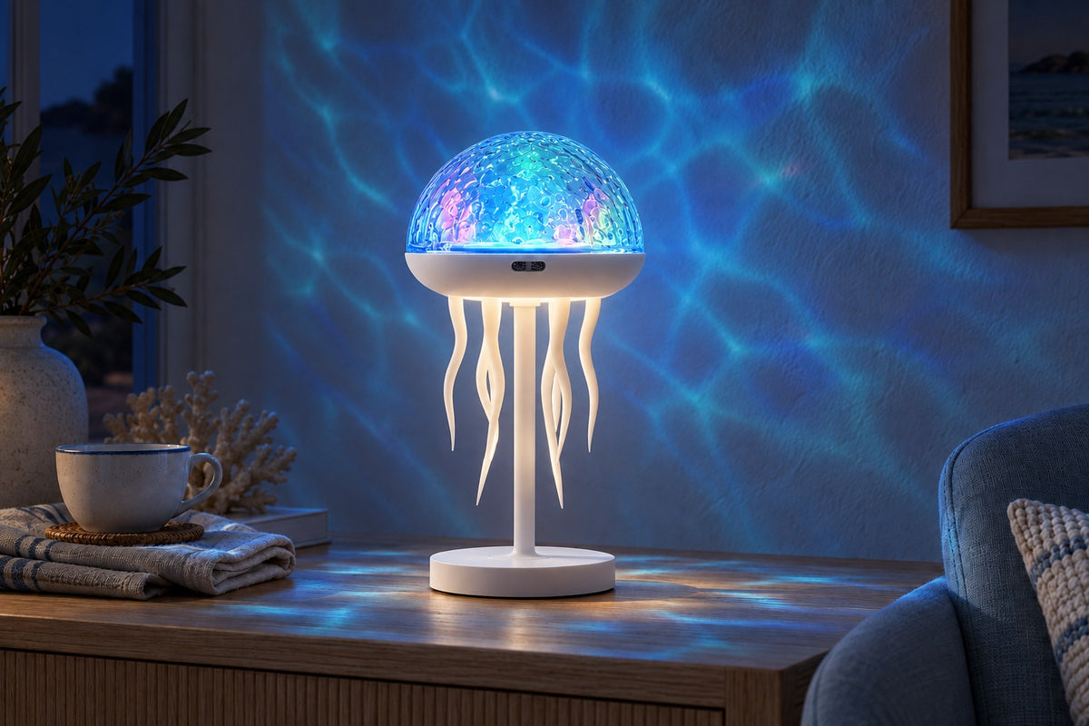 Jelly Ocean – Jellyfish Ocean Wave Projector Lamp with the light switched on