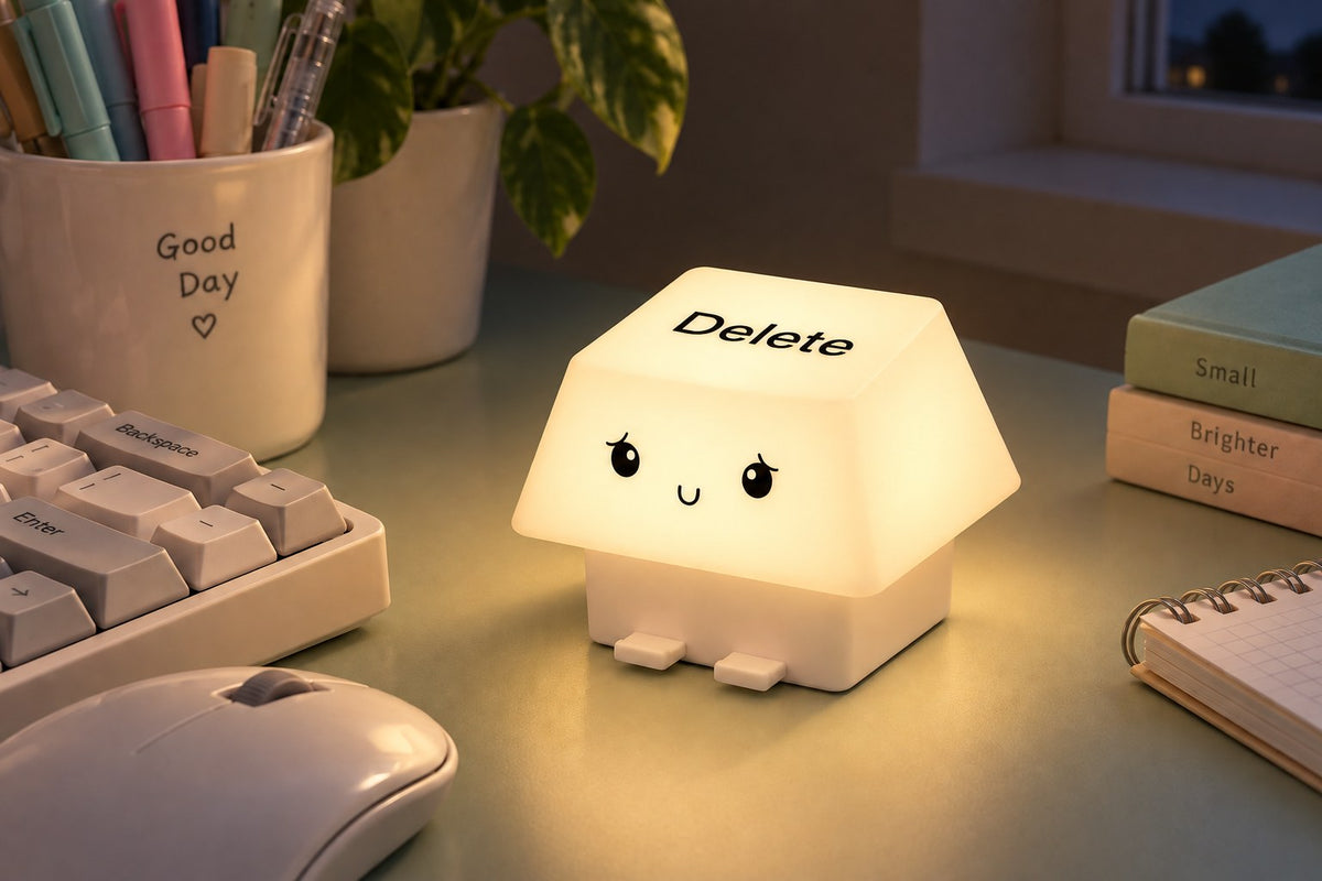 KeyGlow Lampe de Nuit Mignonne Touche Suppr with the light switched on