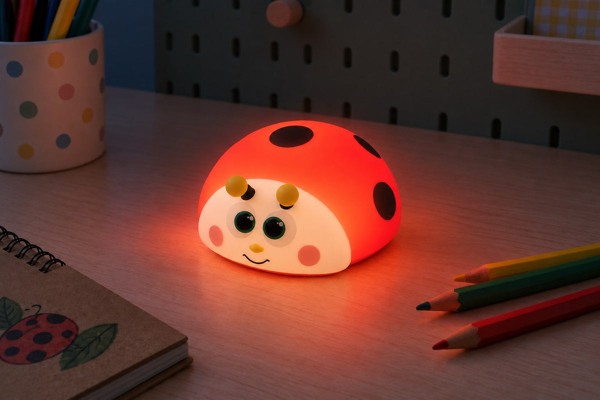 ObiDotty – Silicone Ladybug Night Lamp with the light switched on