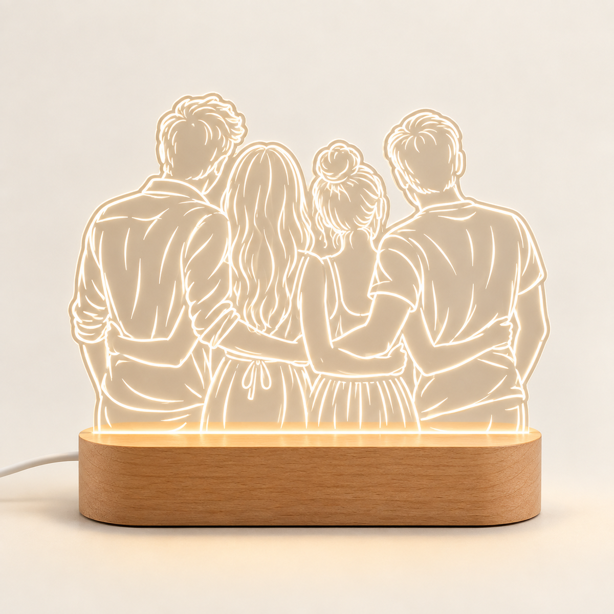 Line Portrait — 4 People personalized lamp example, warm ivory studio