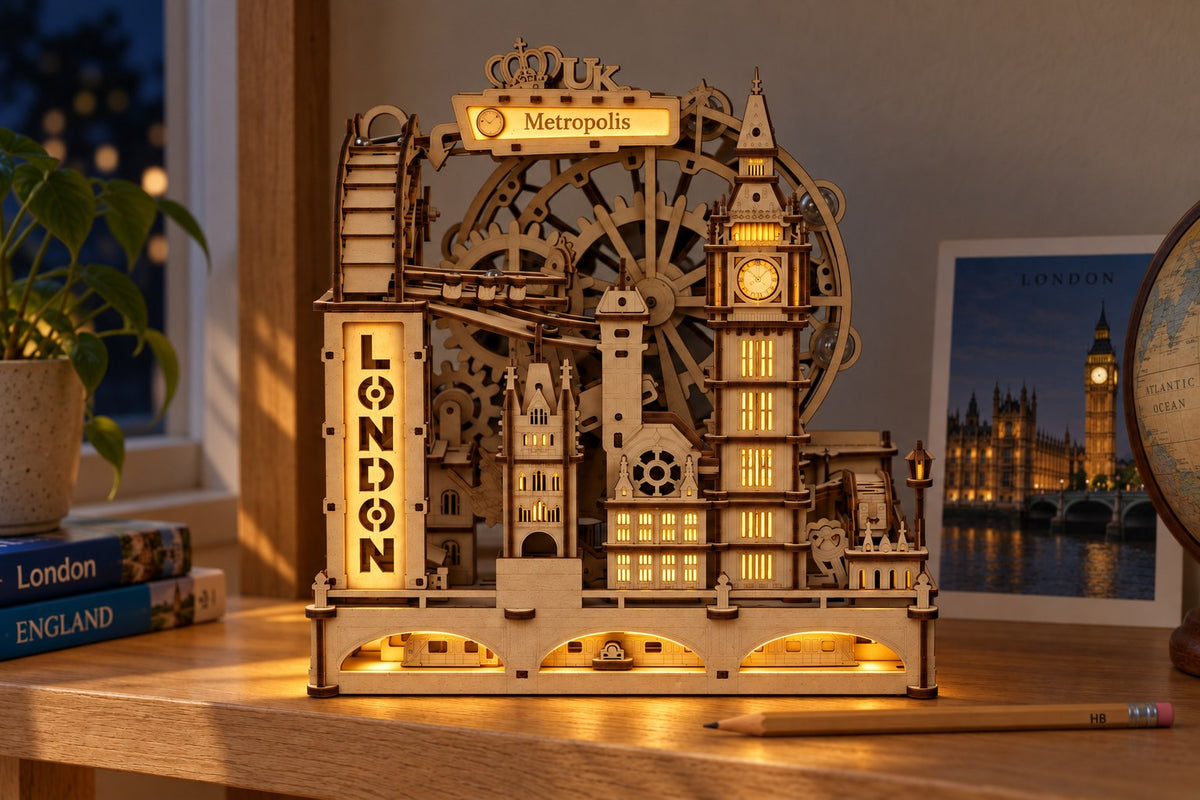 London Marble – Wooden Marble Run Kit with Lights with the light switched on