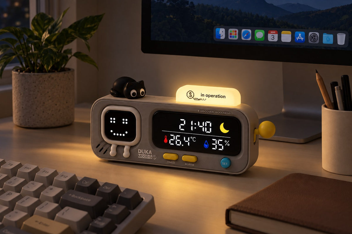 Reloj de escritorio inteligente MoodSync with the light switched on