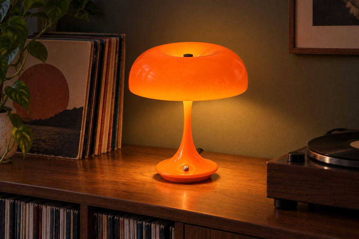 Tangerine Dream – Dimmable USB Mushroom Table Lamp with the light switched on