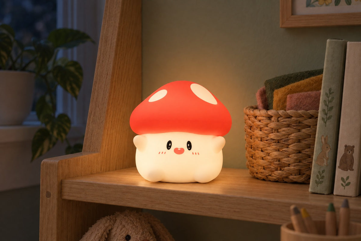 ObiHuggy – Hugging Mushroom Night Lamp with the light switched on