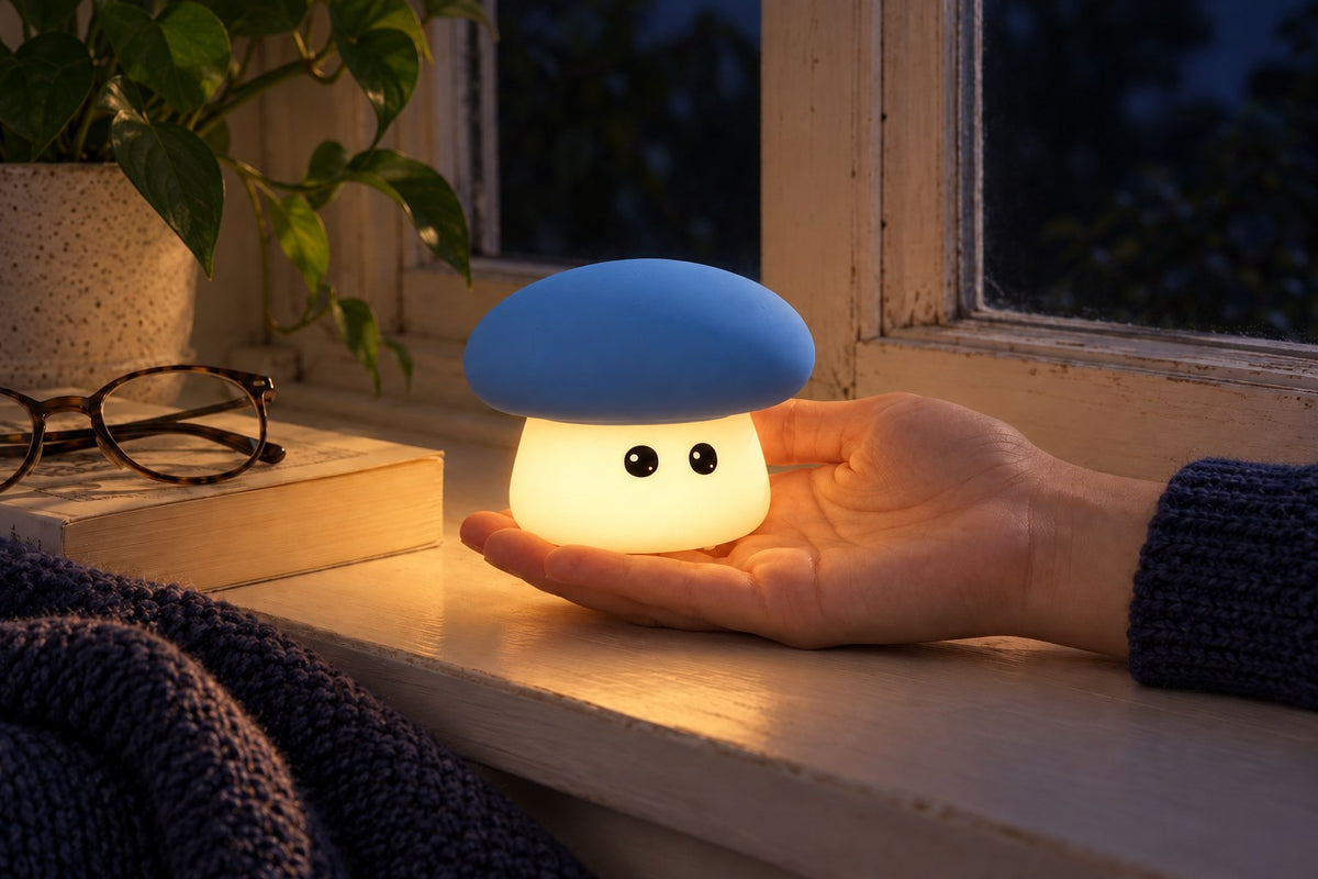 ObiMossy – Soft Mushroom Night Lamp with the light switched on