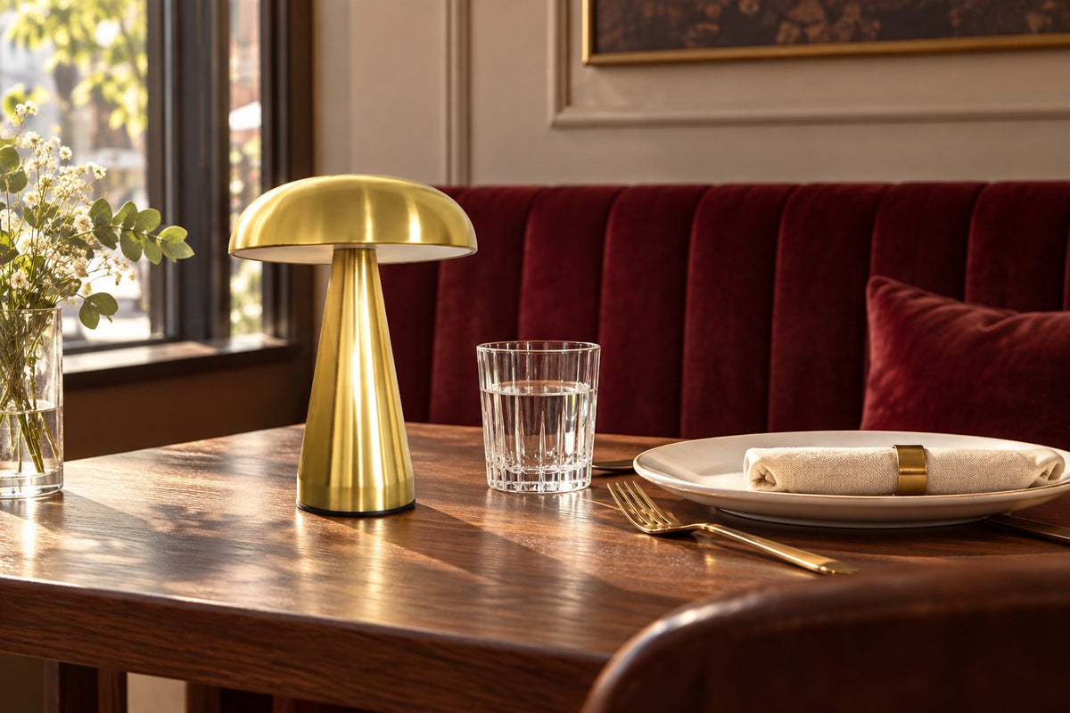 Golden Cap – Rechargeable Metal Mushroom Table Lamp with the light switched off