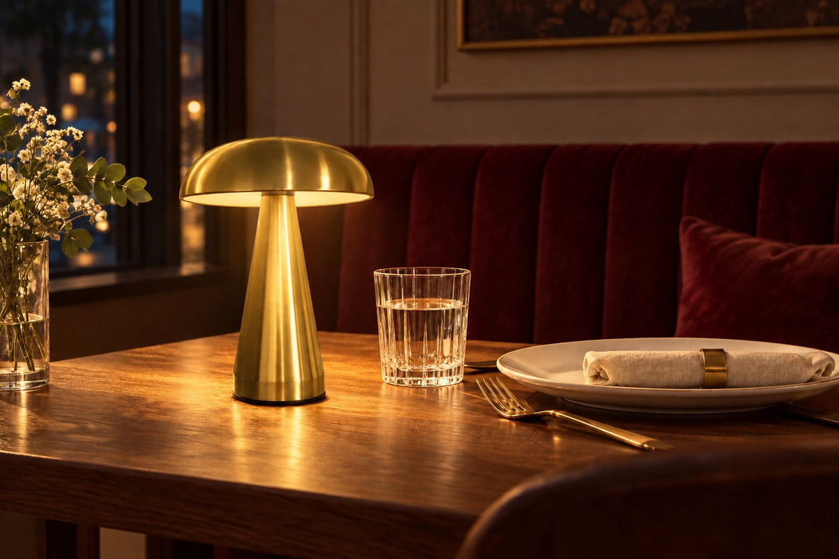 Golden Cap – Rechargeable Metal Mushroom Table Lamp with the light switched on