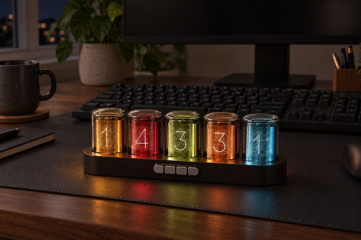 Nixie Clock – RGB Digital Tube-Style Desk Clock with the light switched on