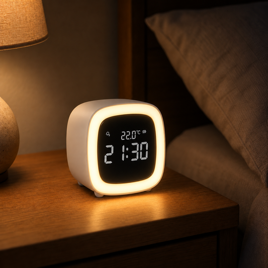 ObiChalet – Retro Cabin Alarm Clock & Night Lamp - nighttime view