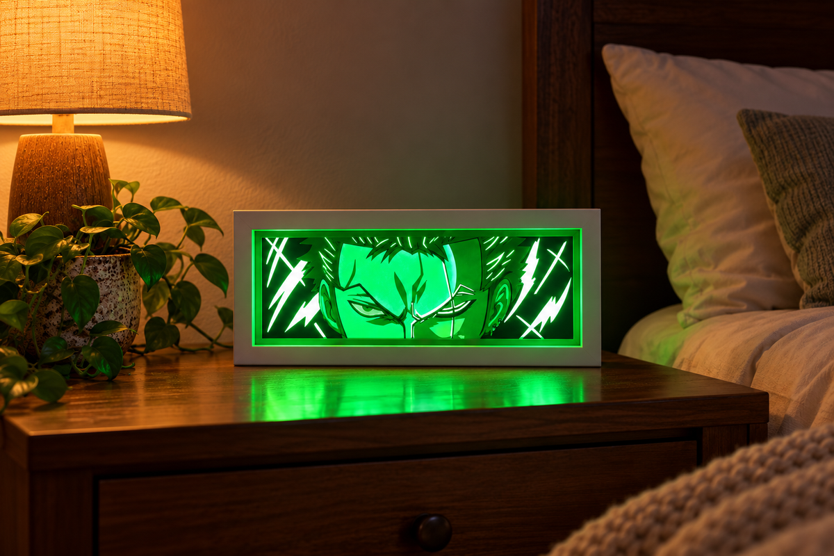 AnimeFrame Zoro artwork in the same evening scene, green light on