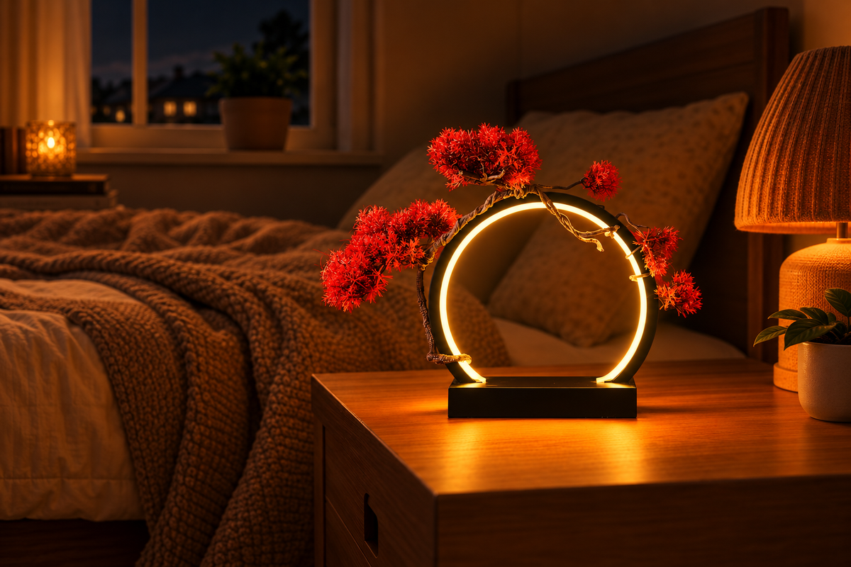 Bonsai Halo – LED Ring Display Ornament — same hero product in evening, light on