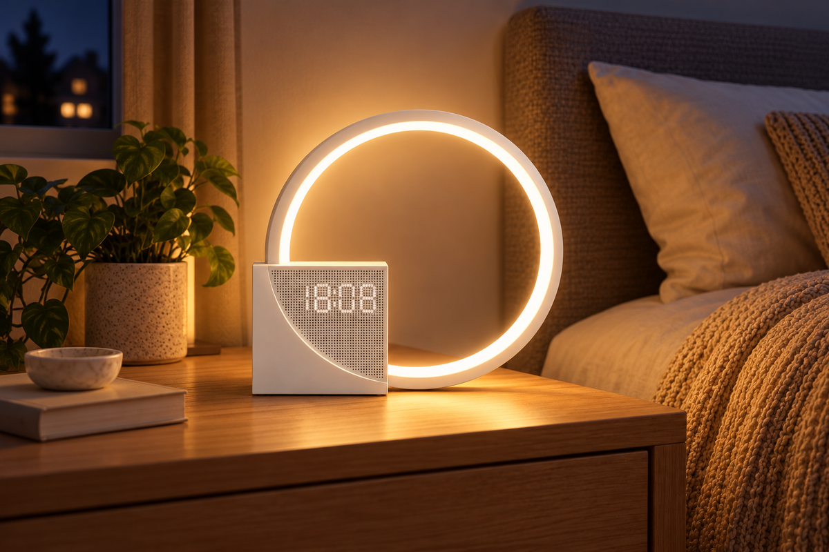 Calm Ring – Nature Sound Ring Lamp with Clock — same hero product in evening, light on