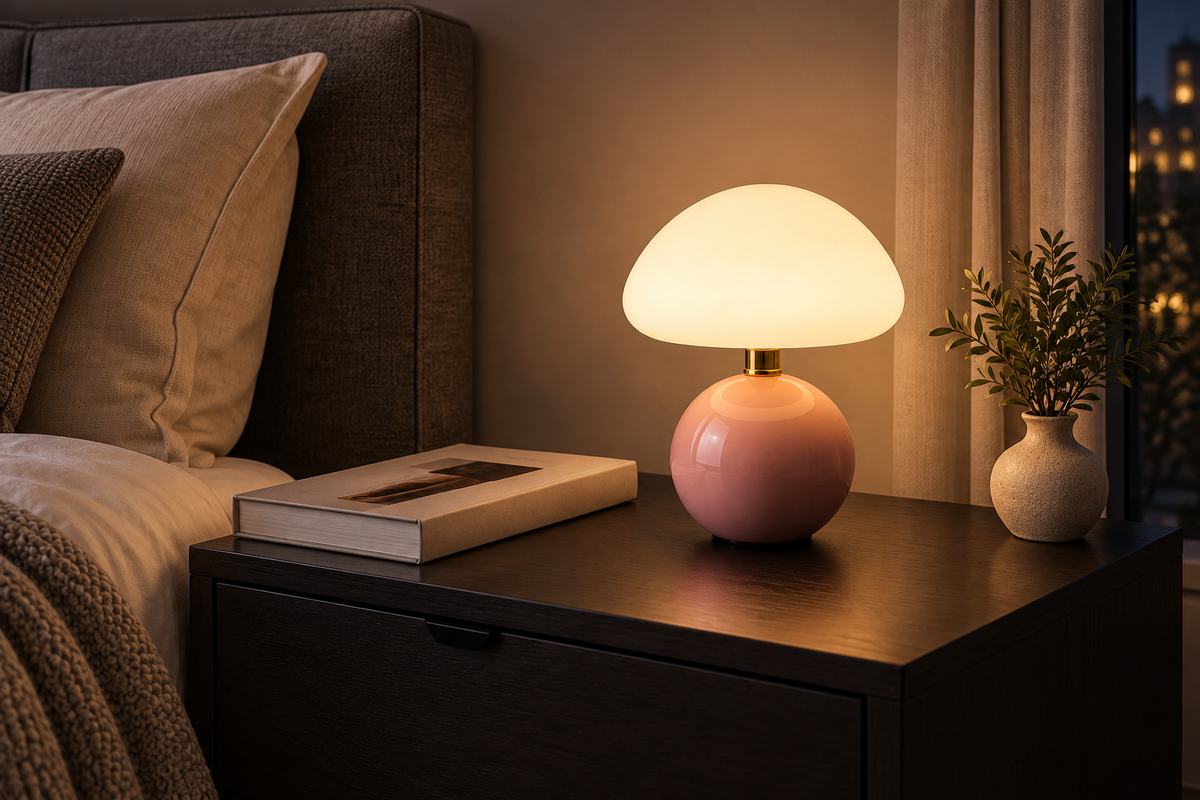 Candy Dome – Warm-White Table Lamp — same hero product in evening, light on