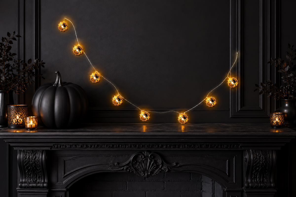 Cobweb Lights – Halloween LED Light String — same hero product in evening, light on