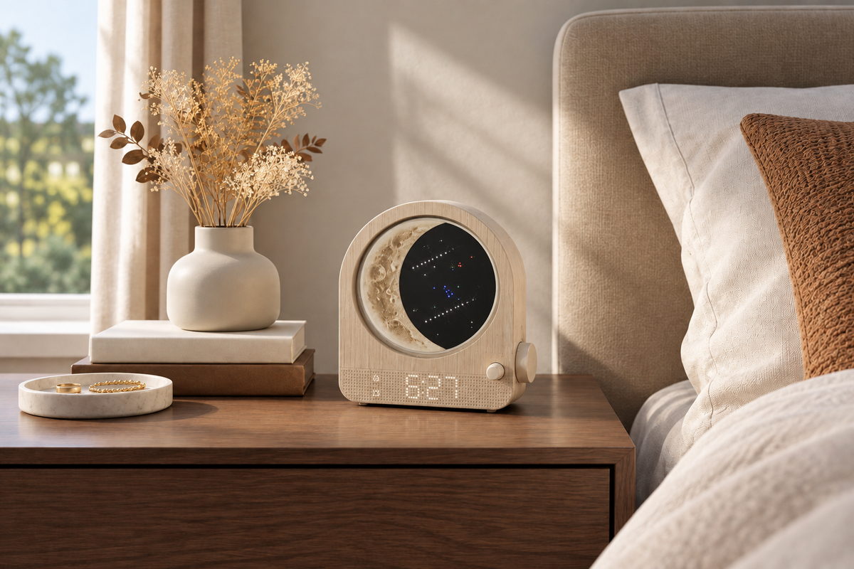 Crescent Dawn – Sunrise Alarm Clock with Moon Lamp — same hero product in daylight, light off