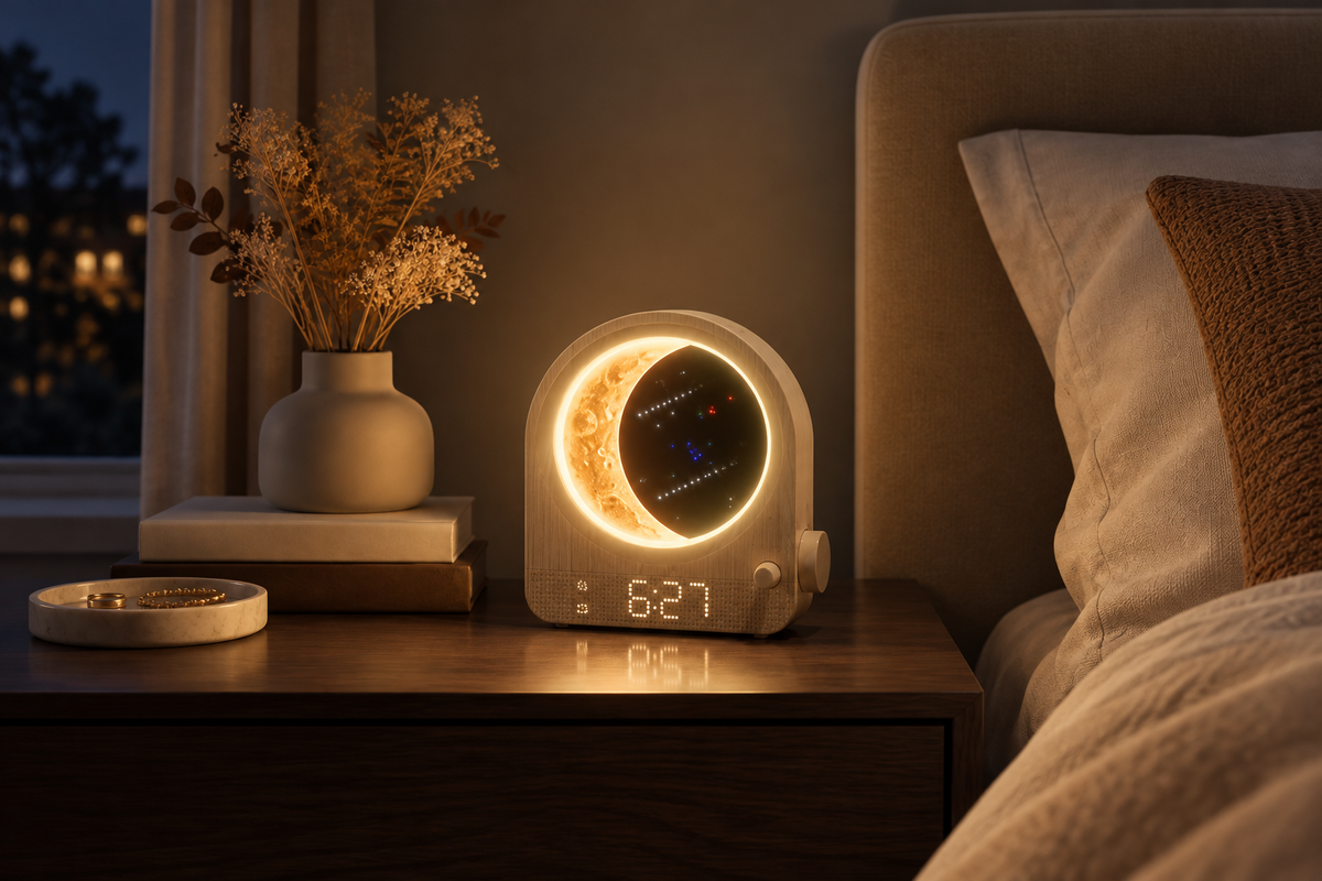 Crescent Dawn – Sunrise Alarm Clock with Moon Lamp — same hero product in evening, light on