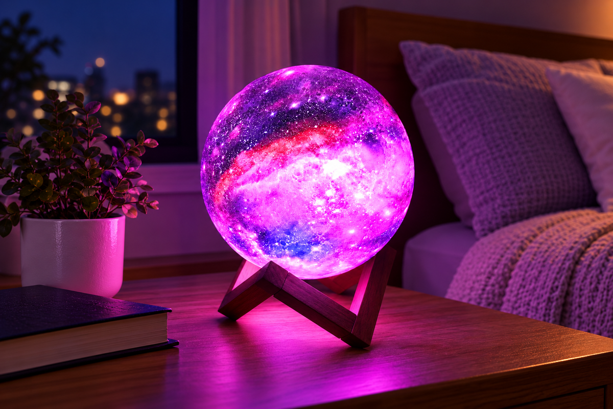 Galaxy Moon – 16-Color Galaxy Moon Lamp — same hero product in evening, light on