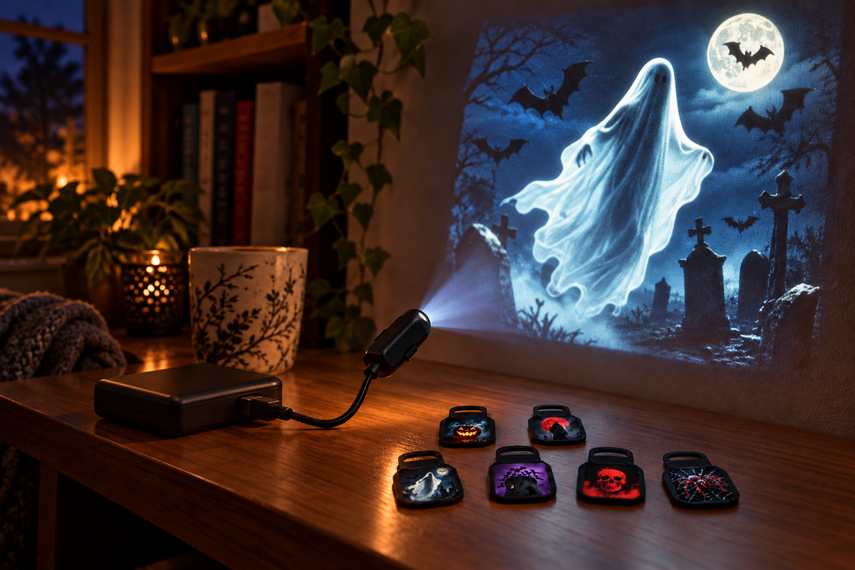 Ghost Beam – Mini Halloween Projector — same hero product in evening, light on