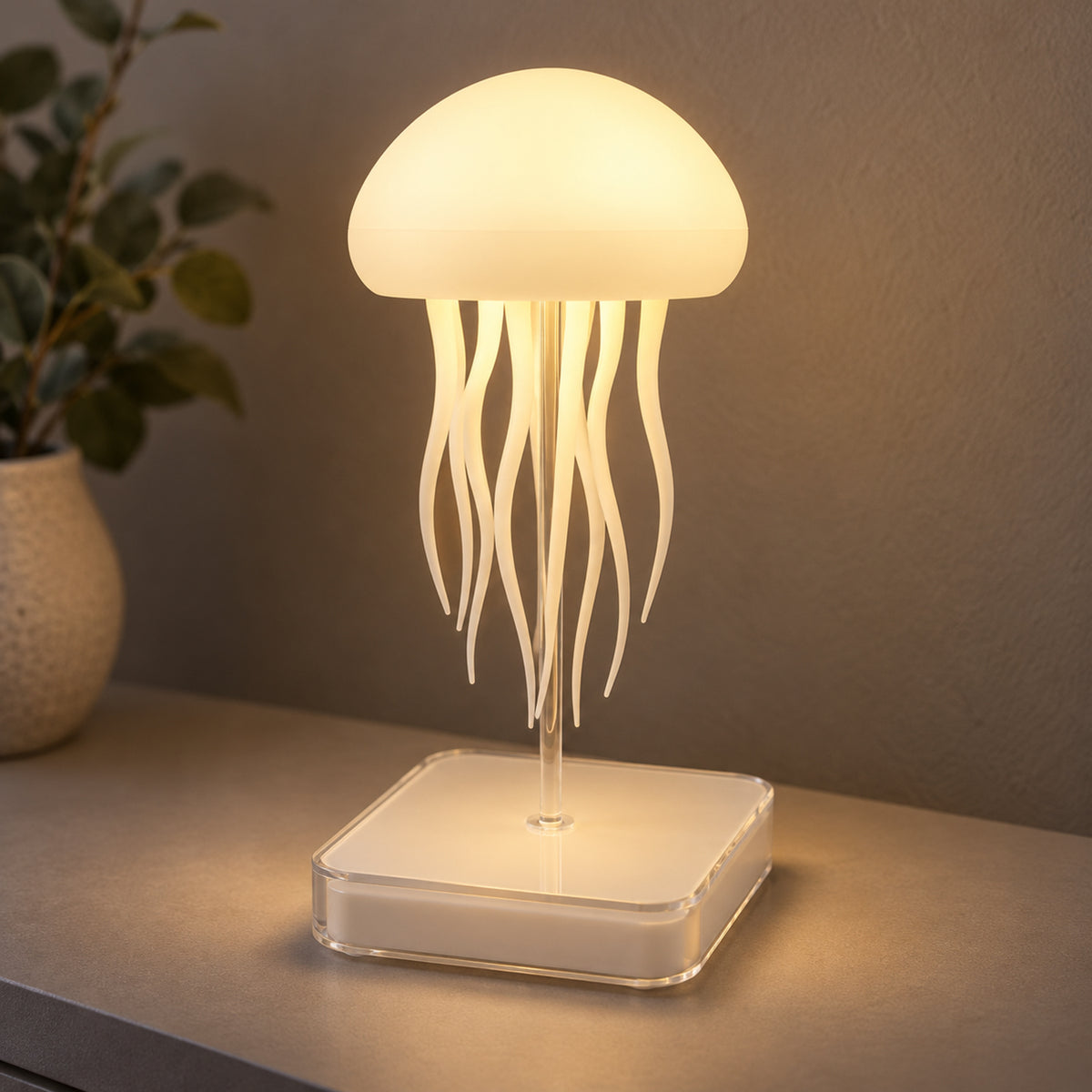 Dancing Jellyfish lamp showing warm white illumination on its clear stem and square base