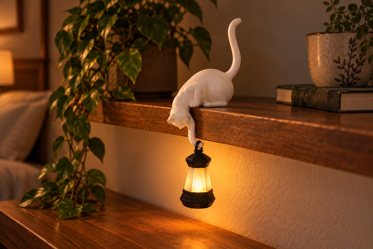 Lantern Cat – Cat & Lantern Shelf Light — same hero product in evening, light on