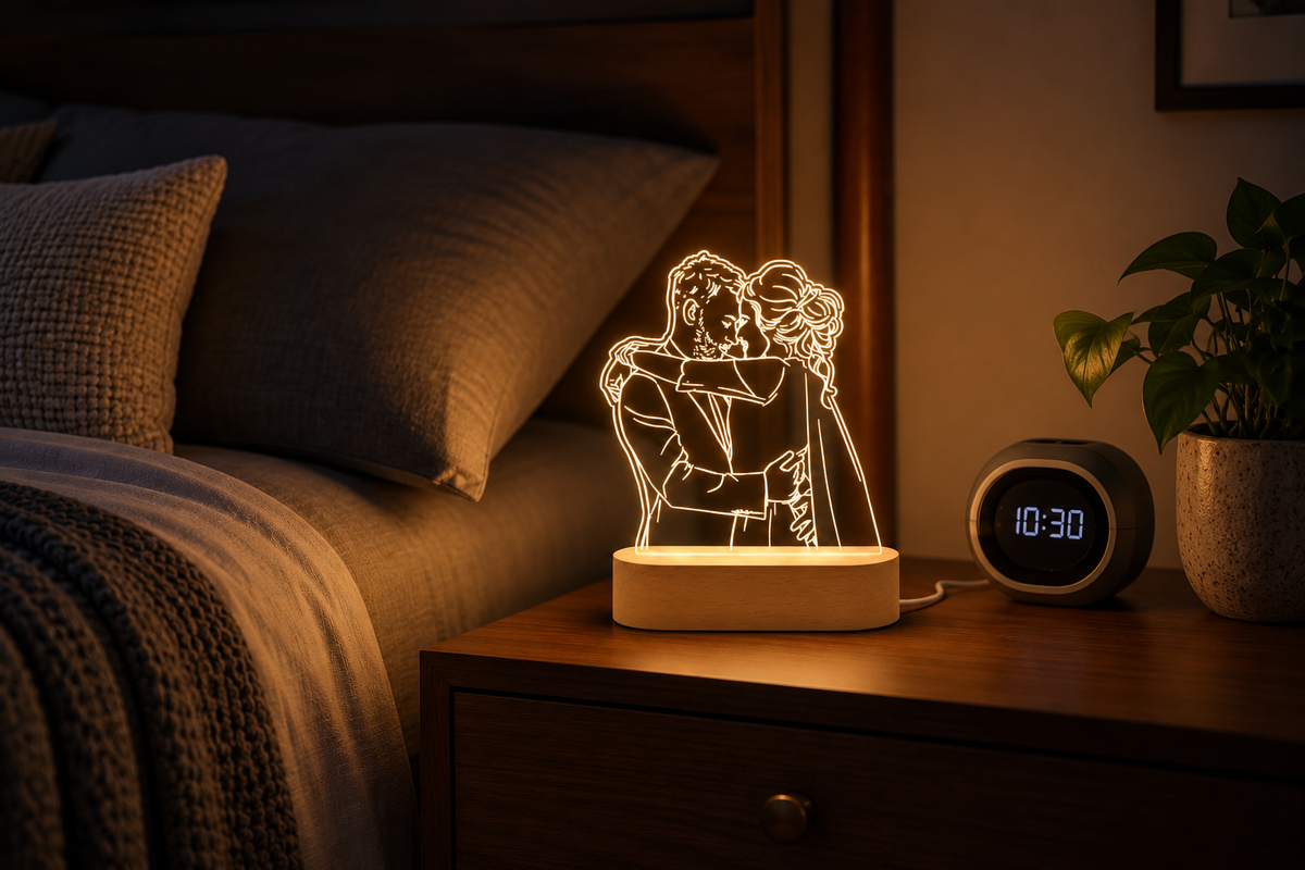Line Portrait – Personalized 3D Photo Lamp — same hero product in evening, light on