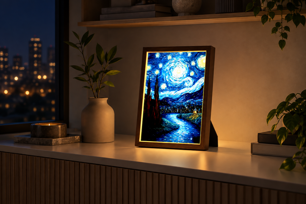 Living Masterpiece – Light Painting Photo Frame — same hero product in evening, light on