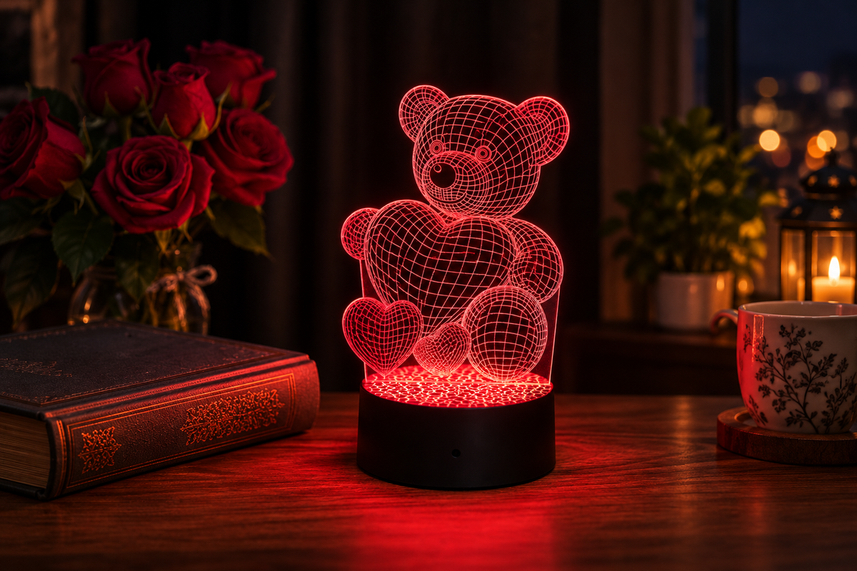 Love Struck – 3D Heart Table Lamp — same hero product in evening, light on