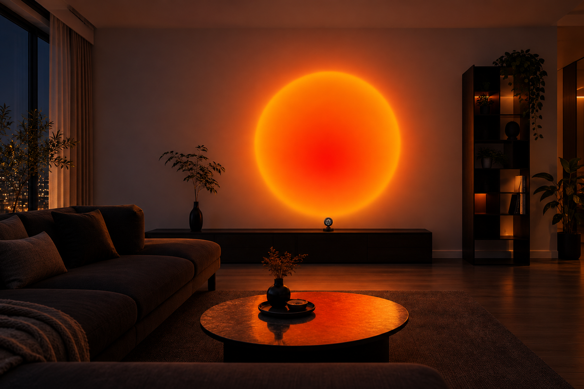 Mini Sunset – Compact Sunset Projection Light — same hero product in evening, light on