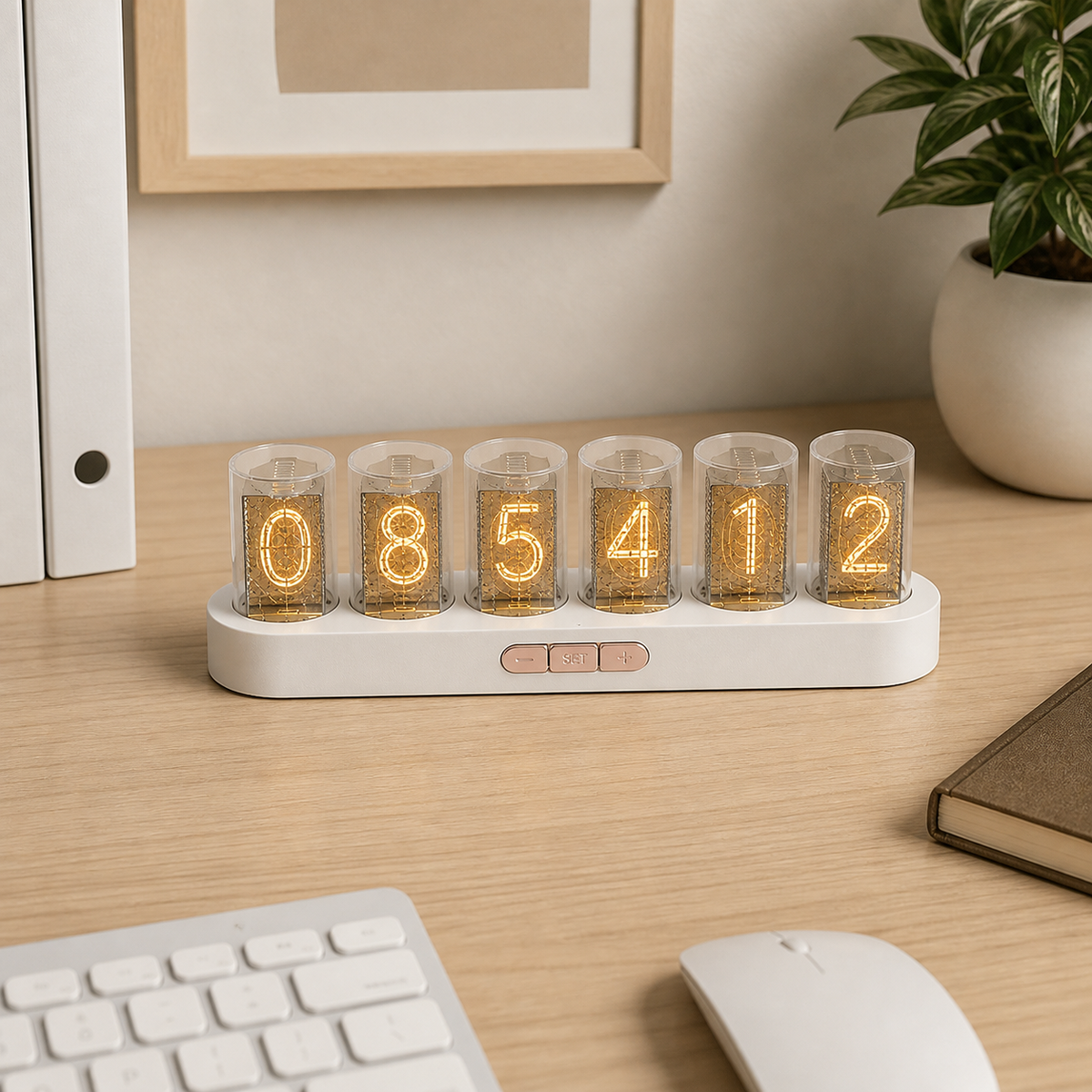 Nixie Clock — Soft White shown in a room setting