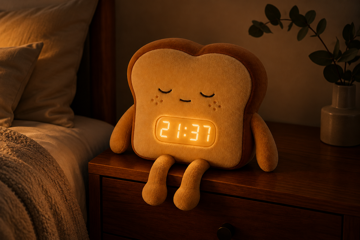 ObiCrumb – Plush Toast Alarm Lamp — same hero product in evening, light on