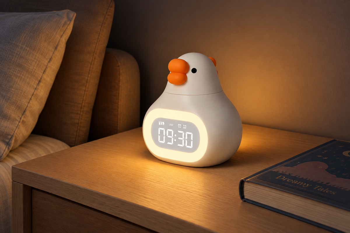 ObiHonk – Cartoon Goose Alarm Clock — same hero product in evening, light on