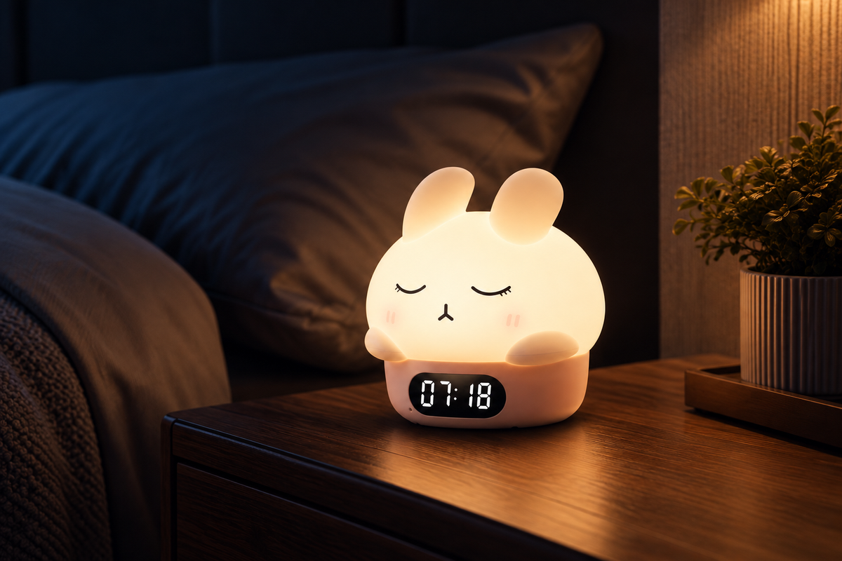 ObiHoppy – Silicone Bunny Alarm Lamp — same hero product in evening, light on