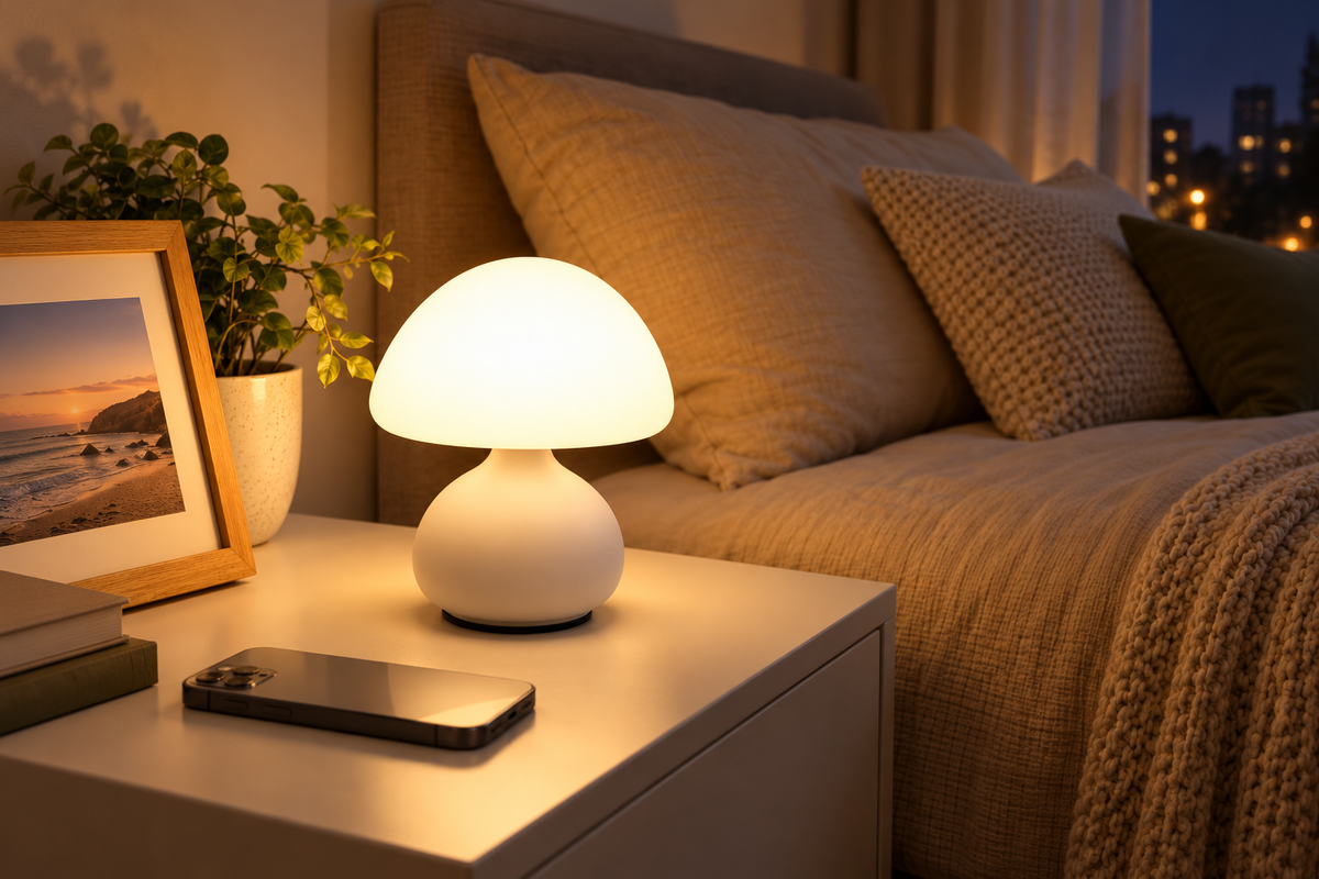 ObiPuffball – Pat-Touch Mushroom Lamp — same hero product in evening, light on
