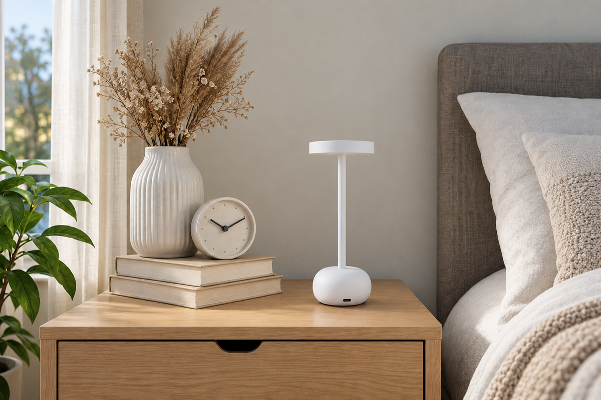 Steel Bistro – Rechargeable Table Lamp — same hero product in daylight, light off