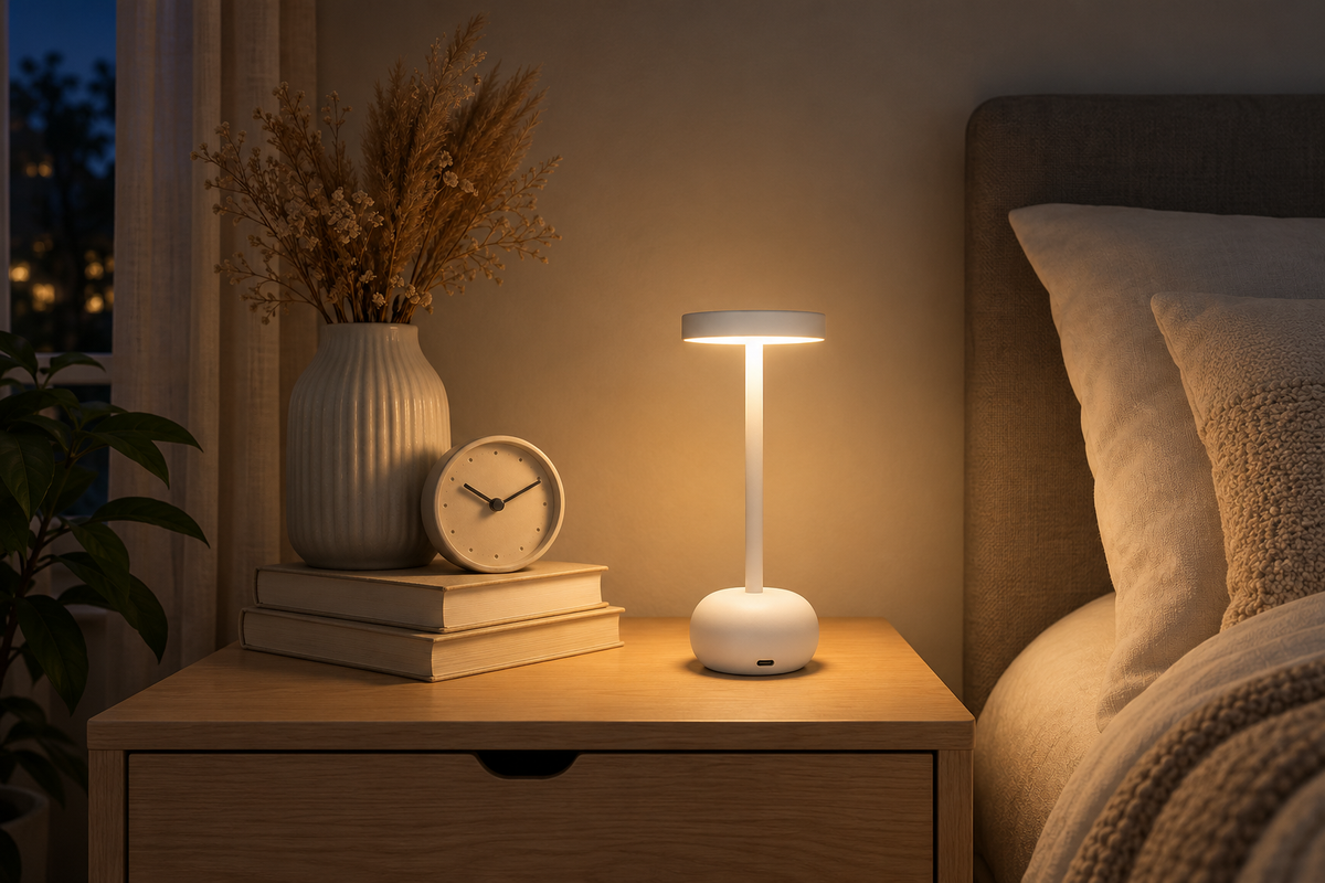 Steel Bistro – Rechargeable Table Lamp — same hero product in evening, light on