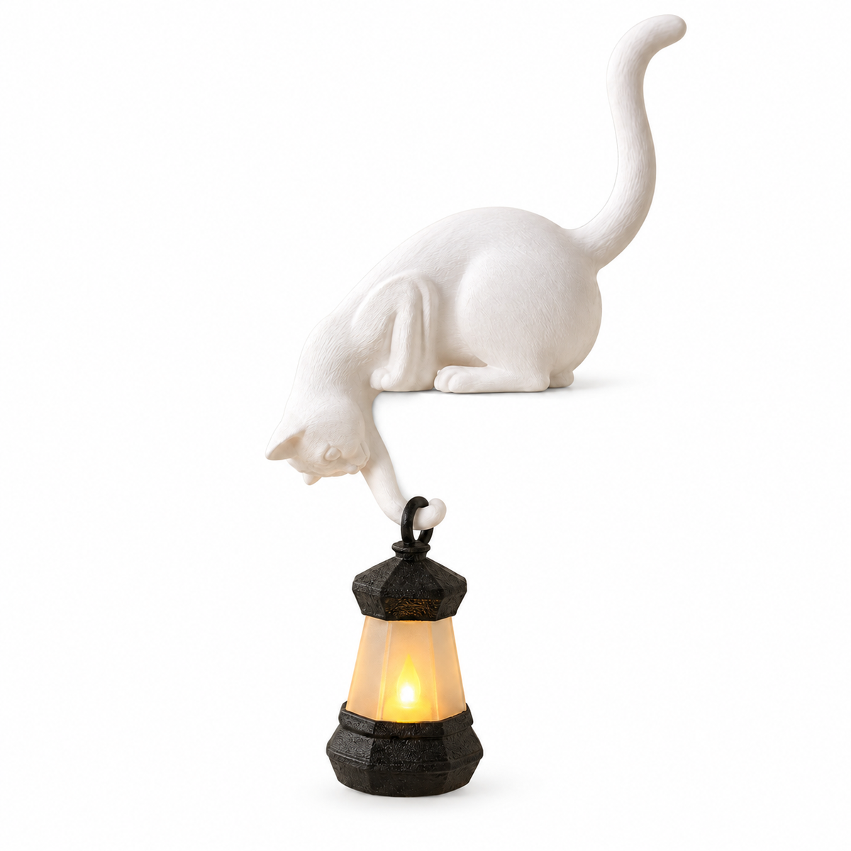 Lantern Cat – Cat Shelf Decor with Lantern Options - White Cat · Black Lantern variant