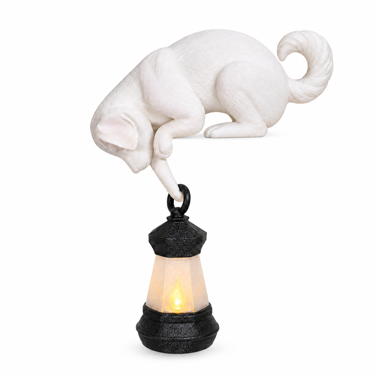 Lantern Cat – Cat Shelf Decor with Lantern Options - Lounging White Cat · Black Lantern variant