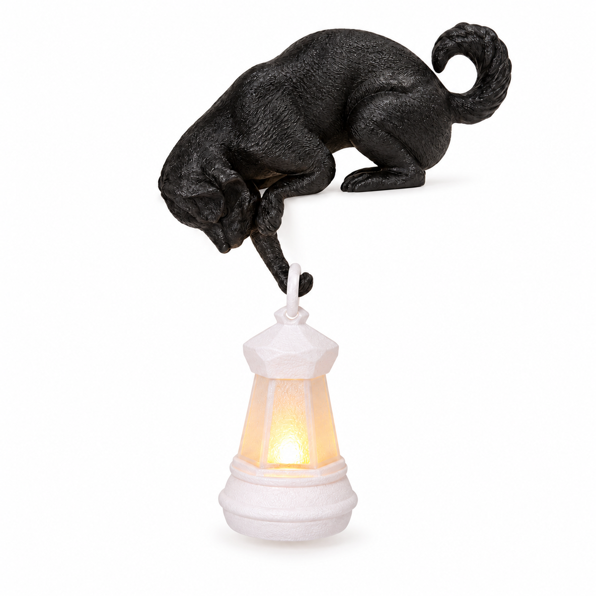 
Lantern Cat – Cat Shelf Decor with Lantern Options - Lounging Black Cat · White Lantern variant