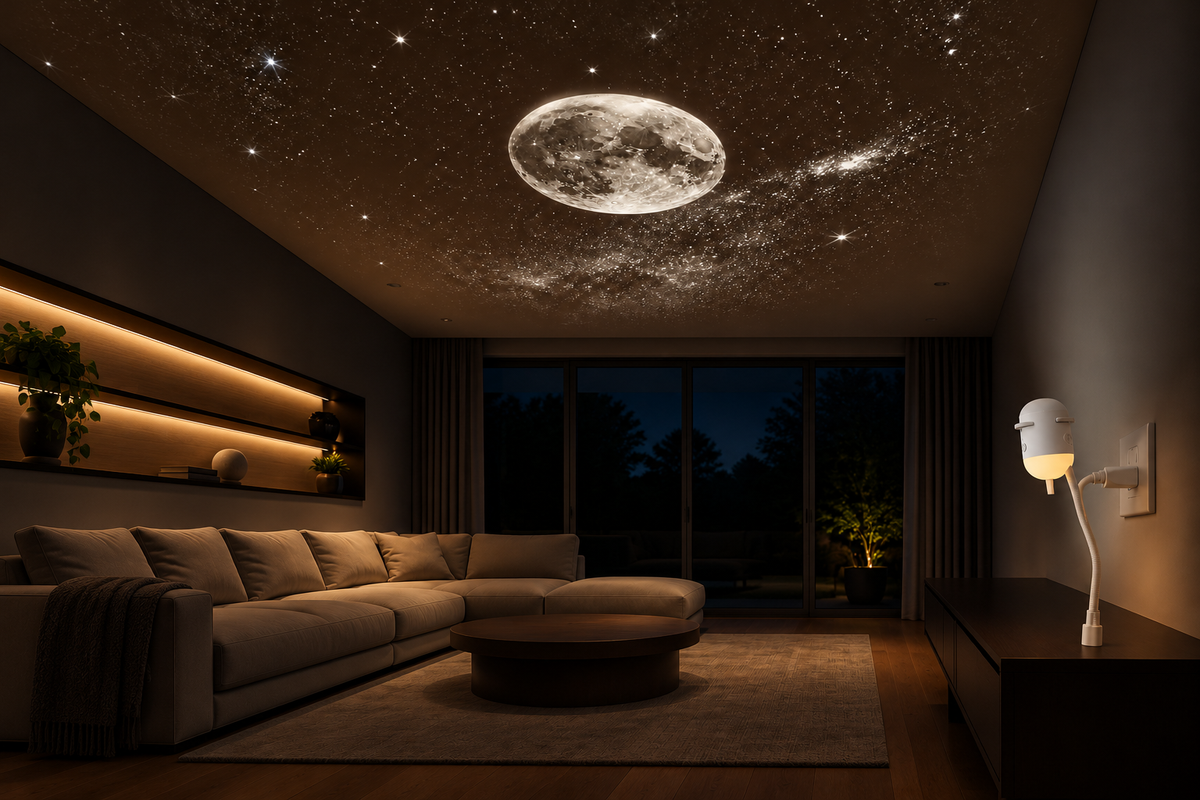 Twin Galaxy – 2-in-1 Mini Galaxy Projector — same hero product in evening, light on