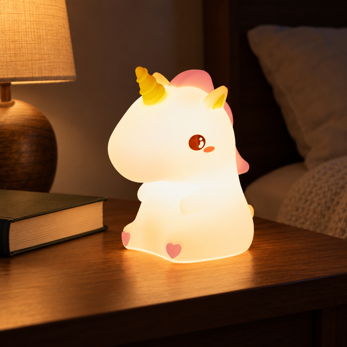 ObiBuddies — unicorn lamp glowing on a bedside table