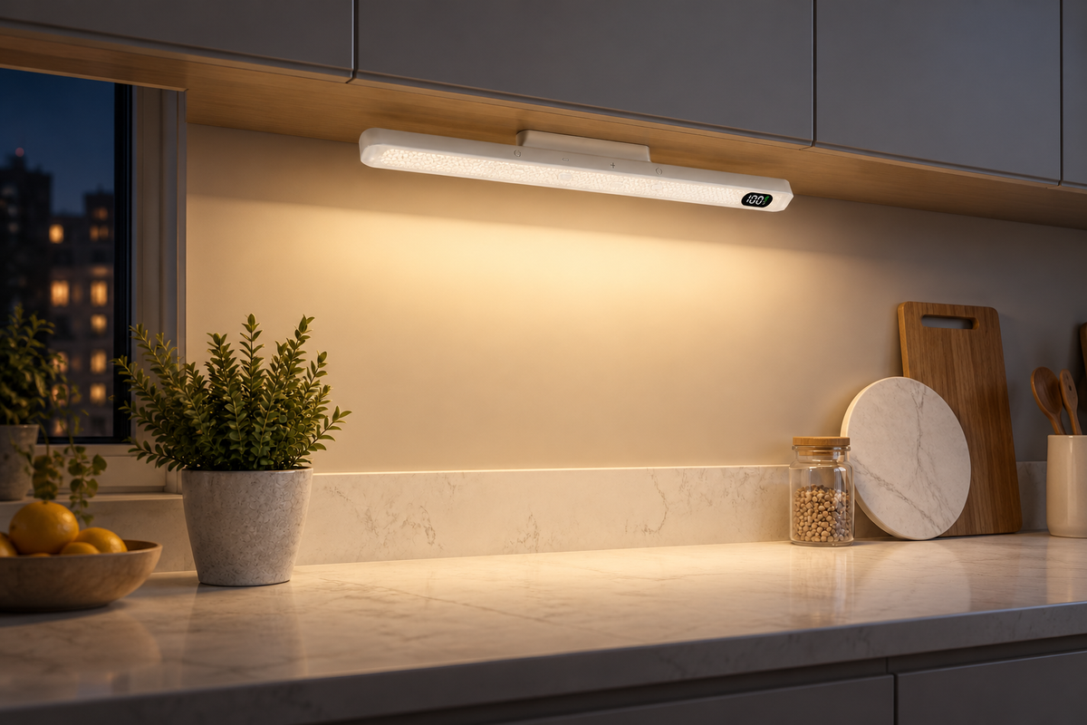 Vanity Bar – Rechargeable Vanity Light Bar — same hero product in evening, light on