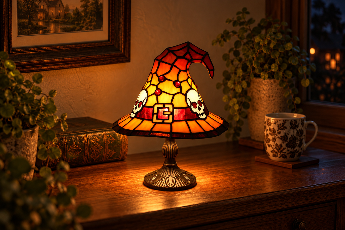 Witch Hat – Stained-Glass Style Resin Lamp — same hero product in evening, light on