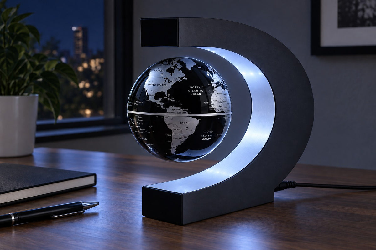 Lampe globe en lévitation magnétique OrbitGlow with the light switched on