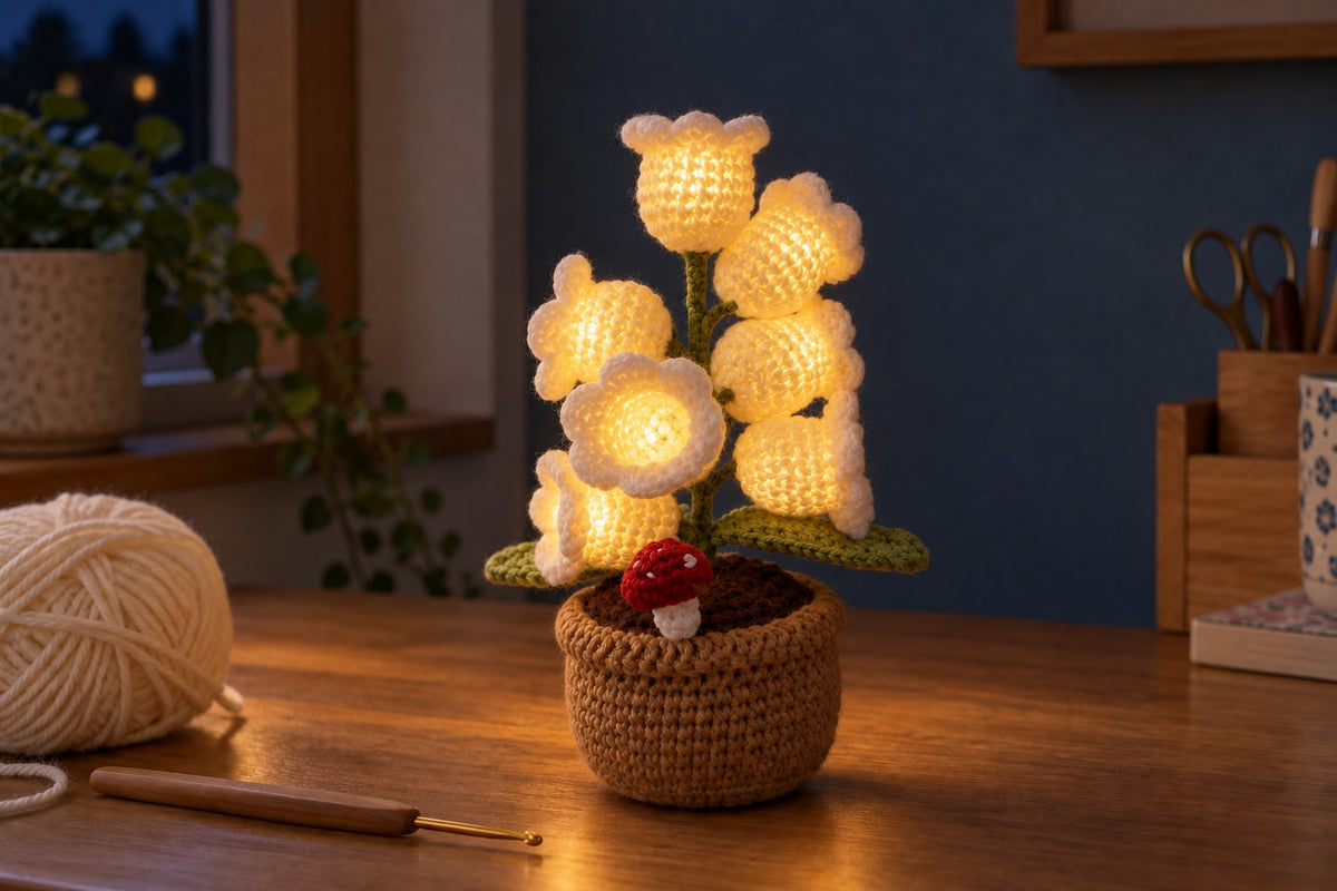 Crochet Bloom – Crochet Orchid Lamp with the light switched on