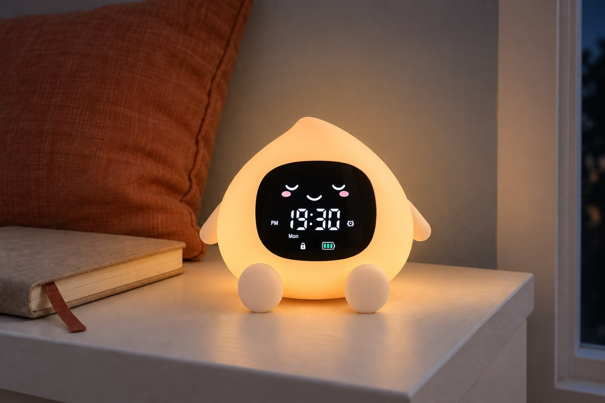 ObiPeachy – Night Lamp & Sleep Trainer Clock with the light switched on