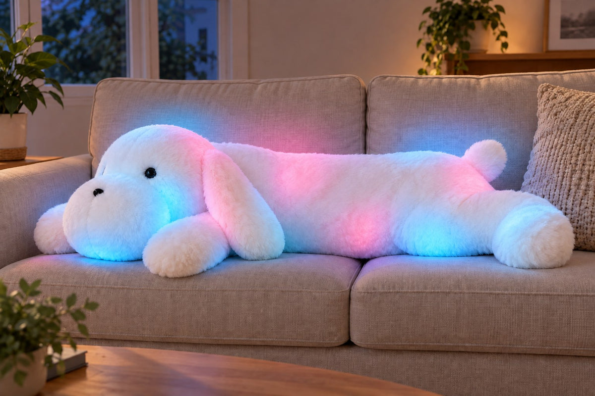 ObiPuppy – LED Light-Up Dog Plush Toy with the light switched on