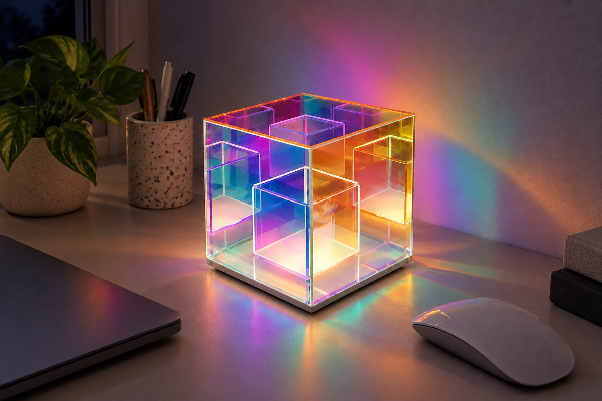 Hologram Prism – Decorative Acrylic Sculpture Lamp with the light switched on