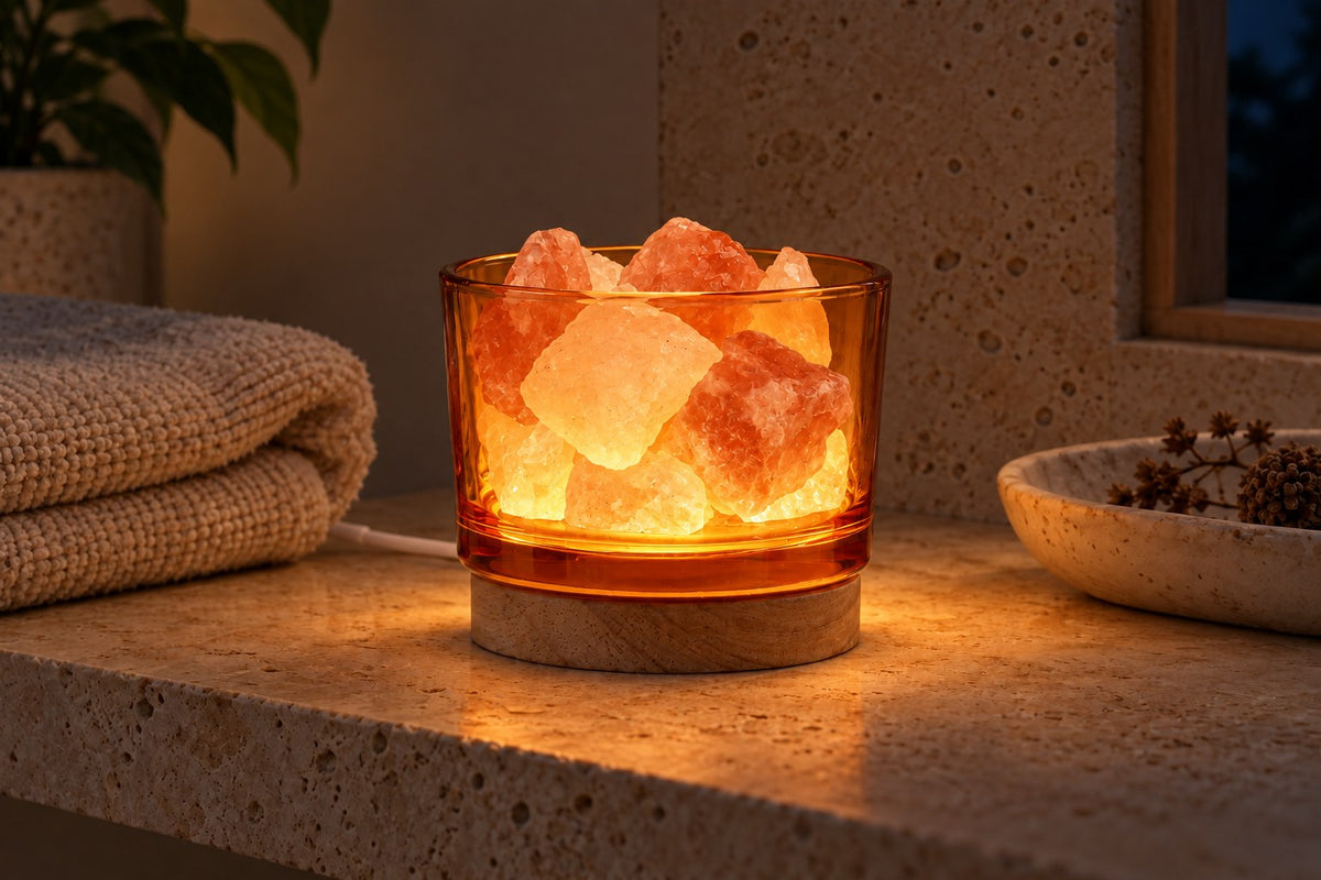 Rose Quartz – Crystal & Mineral Display Lamp with the light switched on