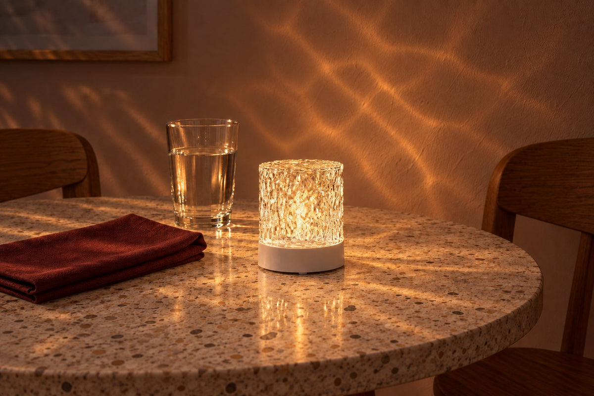 Firelight Ripple – Rechargeable Water Ripple Table Lamp with the light switched on