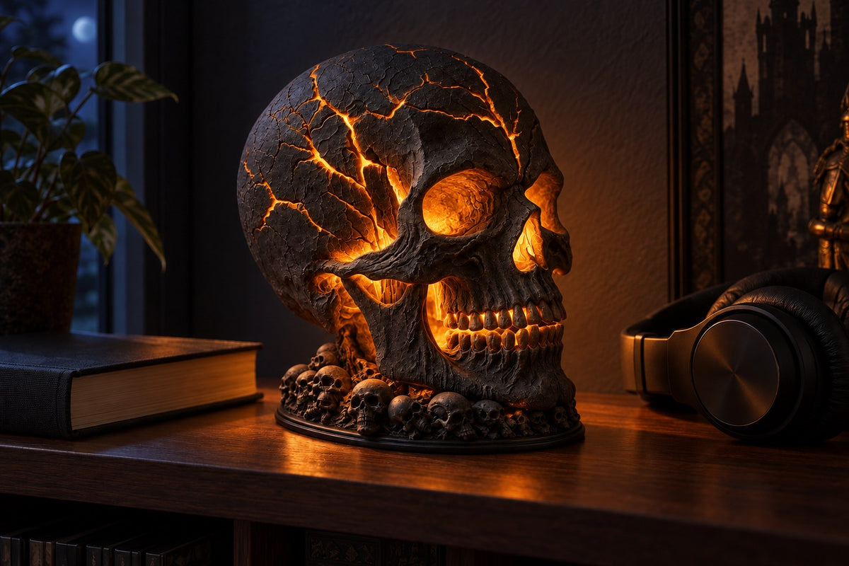 Cracked Skull – Resin Skull Lamp with the light switched on